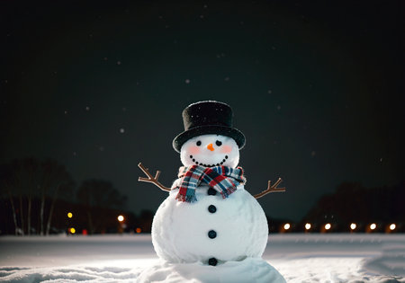 snowman with scarf and hat in winter landscapeの素材