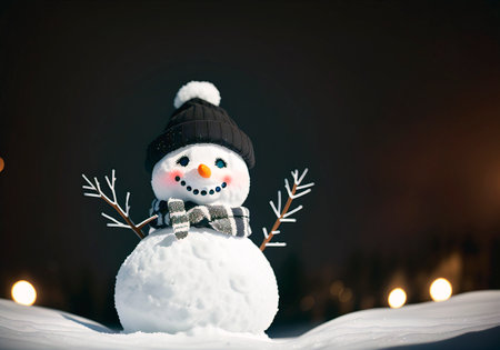 snowman with scarf and hat in winter landscapeの素材