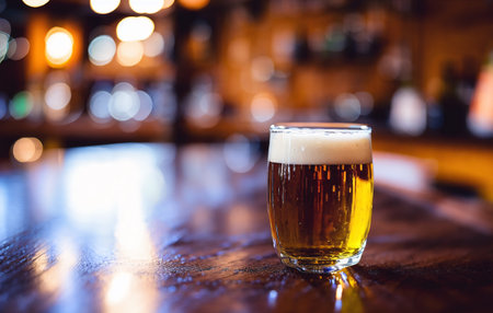 beer. Full glass of alcoholic beverage on bar counter. Generative AIの素材