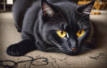 Portrait of a black cat with yellow eyes lying on the floorの素材