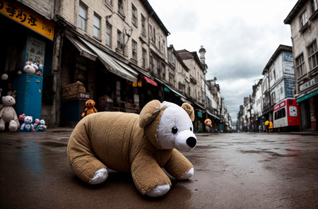 Old and battered soft toy lie on the street.の素材