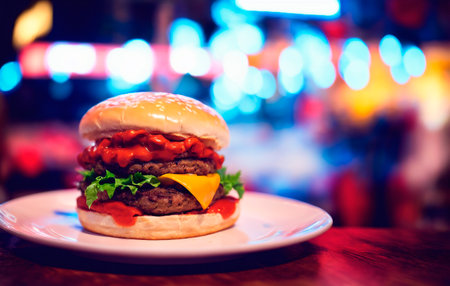 Close up of cheeseburger on wooden table in night club.の素材