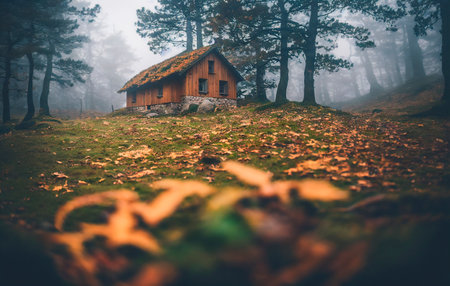 Wooden cottage in the forest in a foggy misty morningの素材