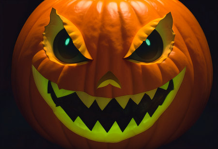 Scary halloween pumpkin with glowing eyes on dark background.の素材
