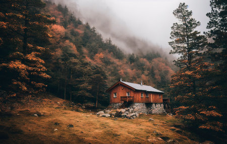 Wooden cottage in the forest in a foggy misty morningの素材