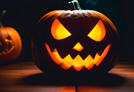 Scary halloween pumpkin with glowing eyes on dark background.の素材