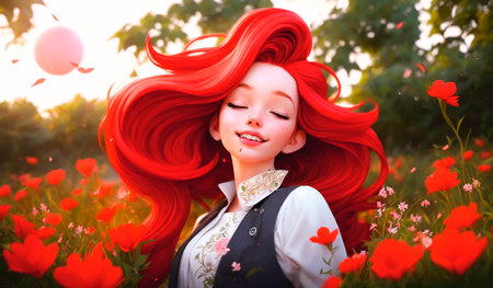 Girl with red hair and flowers in the meadow.の素材