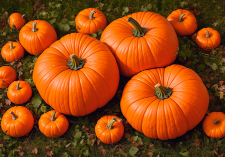 Pumpkin patch on sunny Autumn day. Colorful pumpkins background.の素材