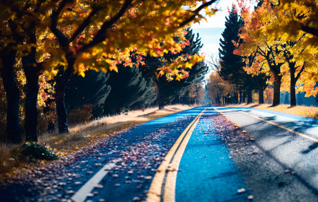 Beautiful autumn landscape with road and colorful trees in the park.の素材