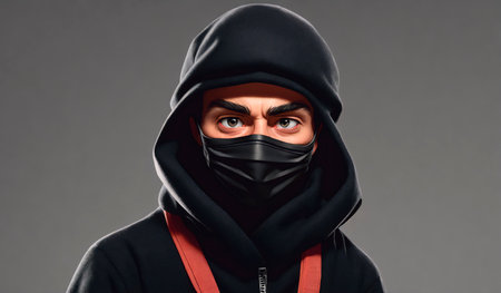 Young man in black mask and hoodie, isolated on gray backgroundの素材