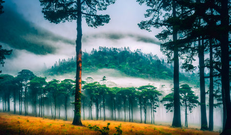 Beautiful landscape view of misty forest in the morningの素材