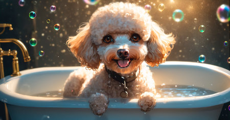 The poodle dog takes a bath with soap bubbles and looks at the camera.の素材
