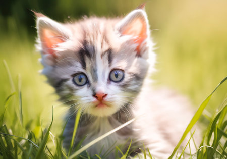 Cute little kitten sitting in the grass on a sunny day.の素材