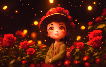 Portrait of a beautiful girl in a hat and coat with roses.の素材