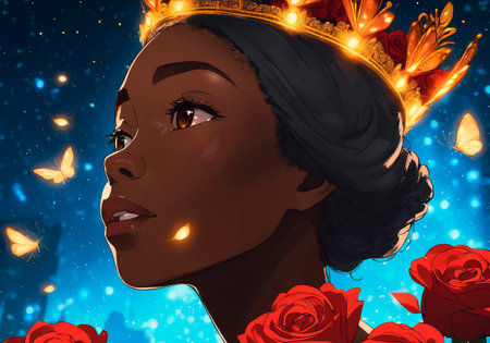 Portrait of a beautiful African American woman with a crown on her head.の素材