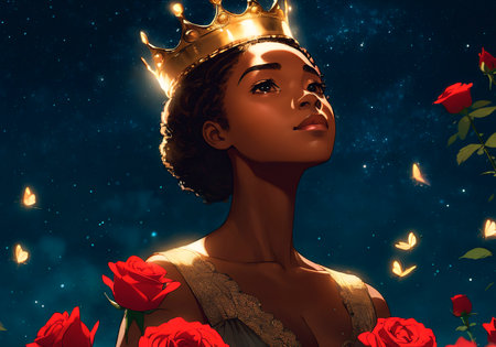 Portrait of a beautiful African American woman with a crown on her head.の素材