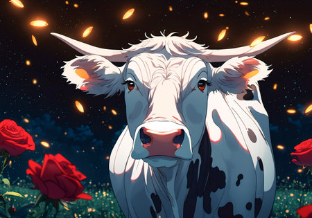 A cow in a field with red rosesの素材