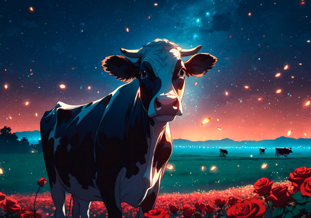 A cow in a field with red rosesの素材