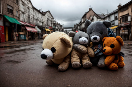 Old and battered soft toys lie on the street. The dump of the abandoned toysの素材