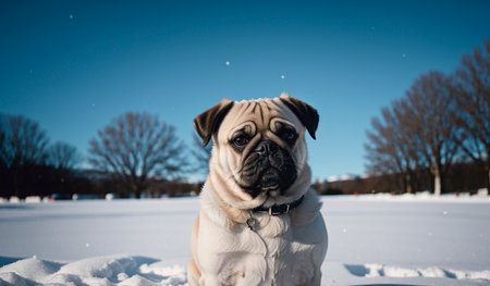 Pug dog in winter forest. Portrait of a purebred dog.の素材