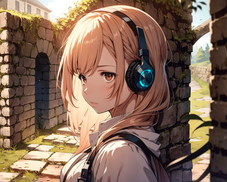 Beautiful young woman listening to music with headphonesの素材