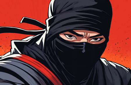 man ninja with a black mask on his face covering his faceの素材
