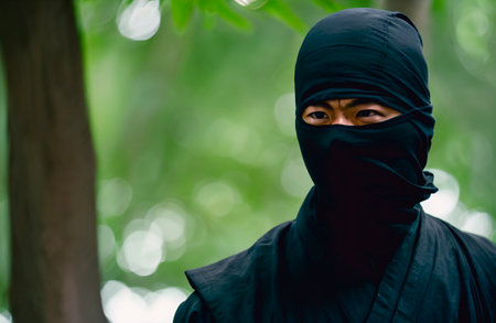 man ninja with a black mask on his face covering his faceの素材