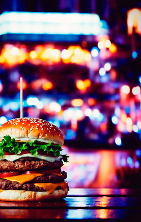 Hamburger on the table at night with bokeh backgroundの素材