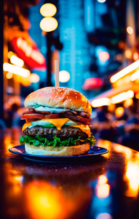 Hamburger on the table at night with bokeh backgroundの素材