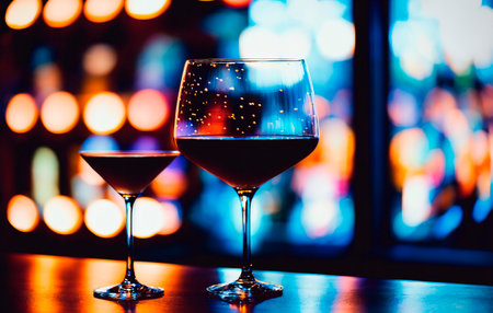 Alcohol cocktail drink on the table in restaurant with bokeh backgroundの素材