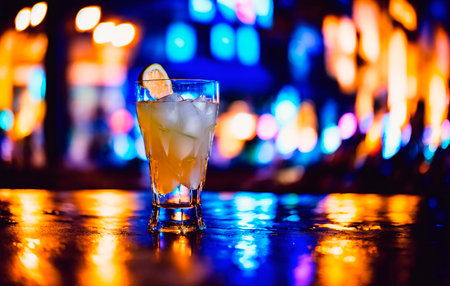 Alcohol cocktail drink on the table in restaurant with bokeh backgroundの素材