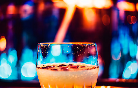 Alcohol cocktail drink on the table in restaurant with bokeh backgroundの素材