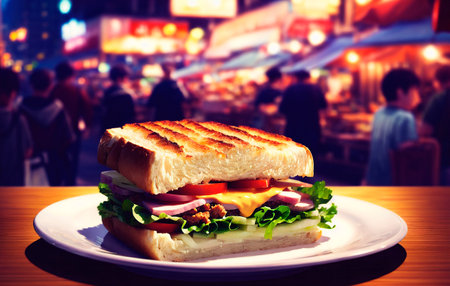 Sandwich on wooden table in night city.の素材