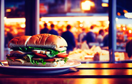 Sandwich on wooden table in night city.の素材
