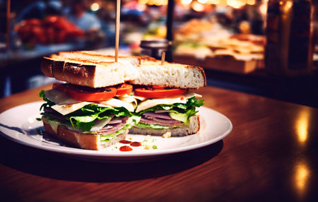 Sandwich on wooden table in night city.の素材