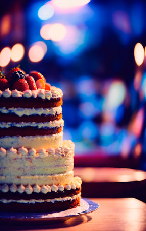 Birthday cake with strawberries on the background of defocused lights.の素材