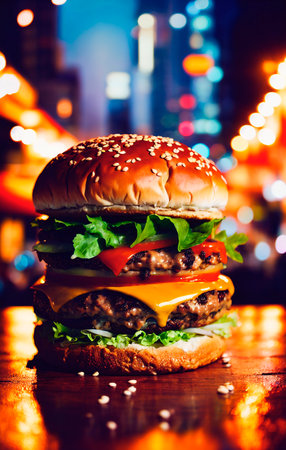 Hamburger on the table at night with bokeh backgroundの素材