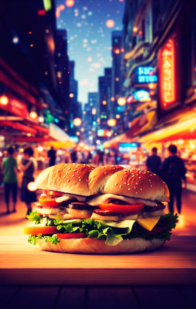 Sandwich on wooden table in night city.の素材