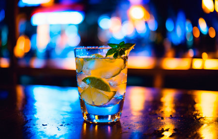 Alcohol cocktail drink on the table in restaurant with bokeh backgroundの素材