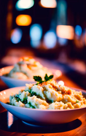 Mashed potatoes on a plate in a restaurant.の素材