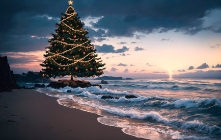 Christmas tree on the beach at sunset. Holiday and celebration concept.の素材