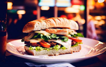 Sandwich on wooden table in night city.の素材