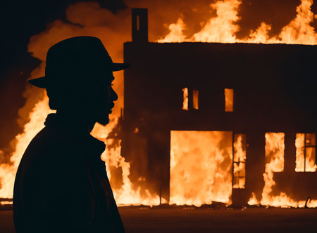 Silhouette of a man in a hat against the background of a burning buildingの素材