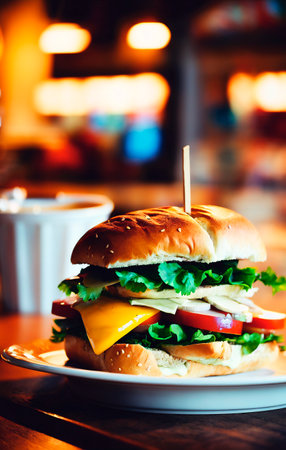 Sandwich on wooden table in night city.の素材