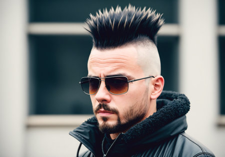 young punk man. Portrait of bold male with bright image, daring style. Generative AI.の素材