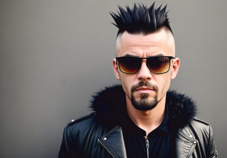 young punk man. Portrait of bold male with bright image, daring style. Generative AI.の素材