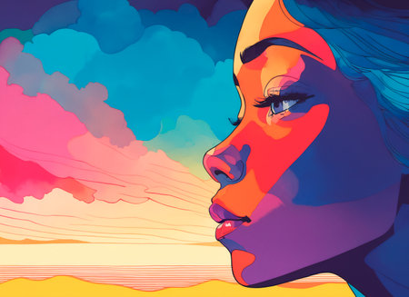 Portrait of a beautiful woman with a multicolored face.の素材