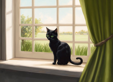 A black cat is sitting on the windowの素材