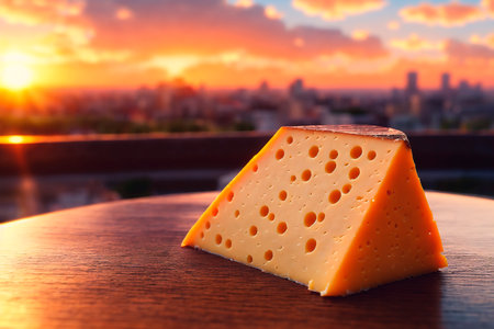 cheese on the table on a blurry background at sunsetの素材