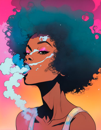 beautiful african american woman smoking a cigarette. A woman lets out smoke from behind her mouthの素材